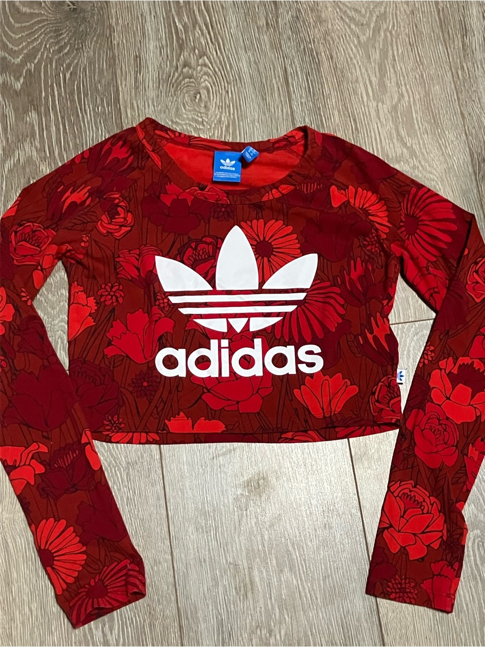 adidas Red Floral Trefoil Crop Top with Blue Logo Tag